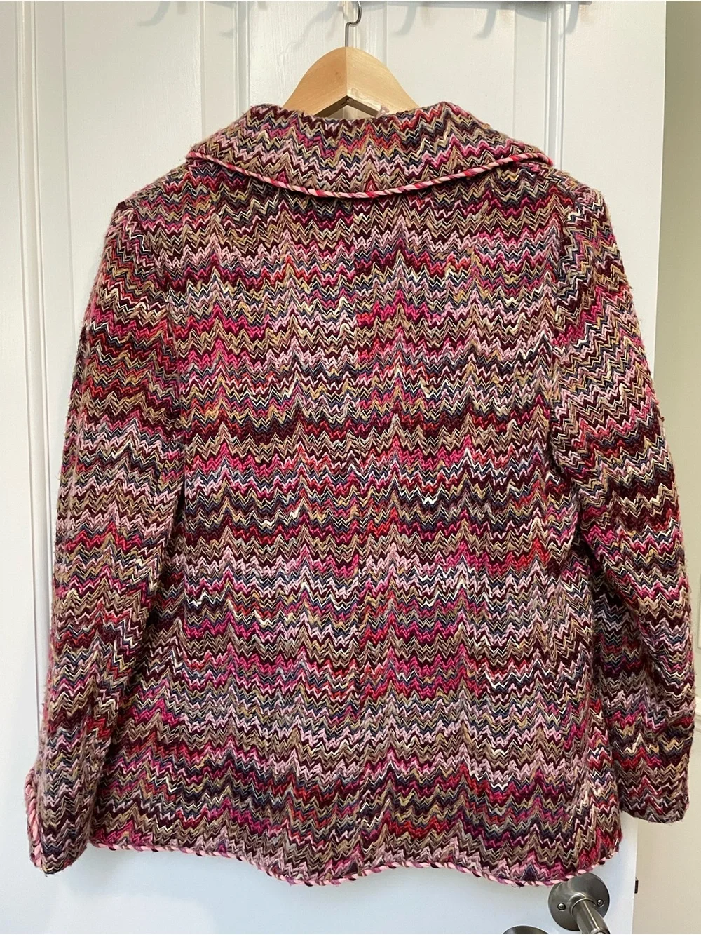 Vintage 1960s Pink Multicolor Flame Chevron Tweed Skirt Suit Set
